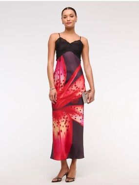 Abercrombie & Fitch Julia Slip Satin Lace Maxi Dress Red Floral Print